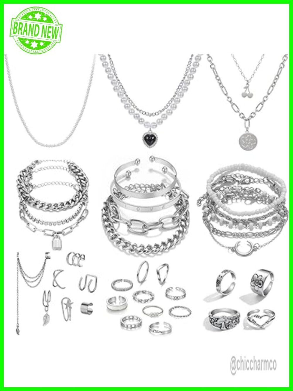 36 Piece Silver Plated Jewelry Set with Necklace Bracelet Earrings Rings